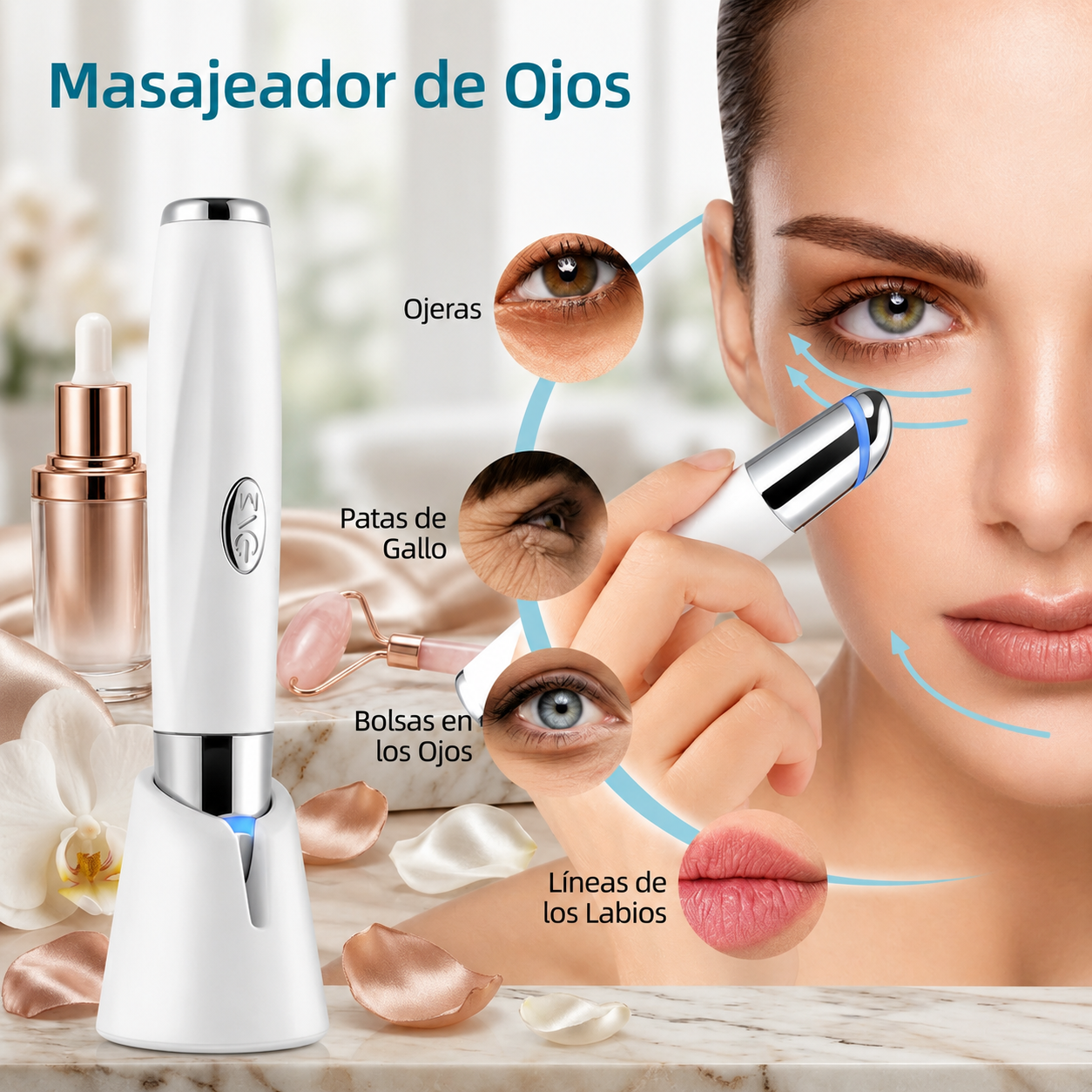Masajeador de ojos y labio electrico con vibracion,Mirada y sonrisa radiantes: vibración inteligente que difumina ojeras, reduce bolsas y suaviza líneas de expresión.